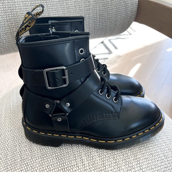 NWOB Dr. Martens Cristofor Leather Harness Lace Up Moto Combat Boots in Black - Picture 1 of 7